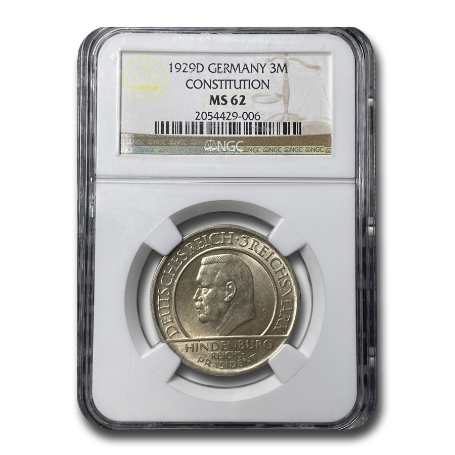 1929-D Germany Silver 3 Mark MS-62 NGC