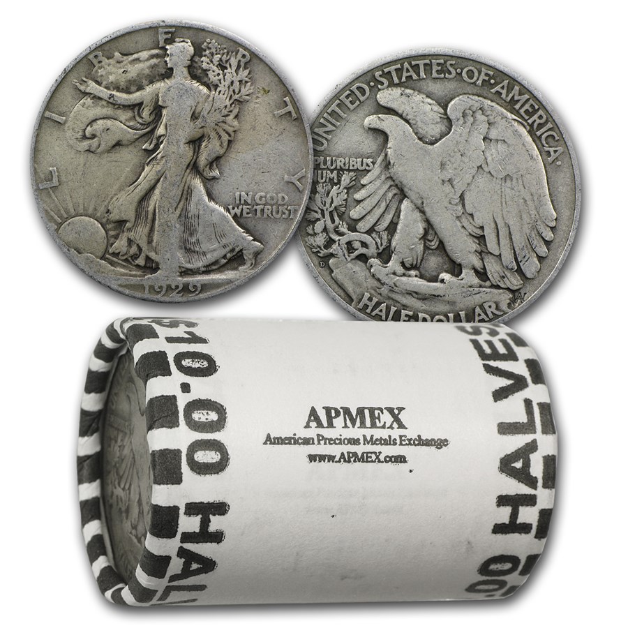 1929-D Walking Liberty Halves 20-Coin Roll Avg Circ