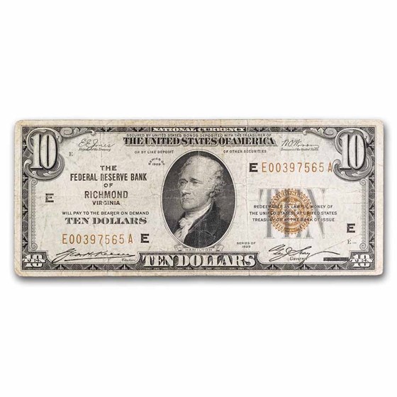 1929 (E-Richmond) $10 Brown Seal FRBN Fine (Fr#1860-E) 1929 (E-Richmond) $10 Brown Seal FRBN Fine (Fr#1860-E)