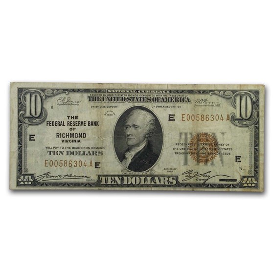 1929 (E-Richmond) $10 Brown Seal FRBN VF (Fr#1860-E)