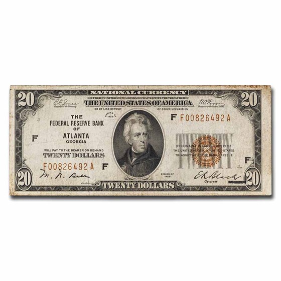 1929 (F-Atlanta) $20 Brown Seal FRBN Fine (Fr#1870-F) 1929 (F-Atlanta) $20 Brown Seal FRBN Fine (Fr#1870-F)