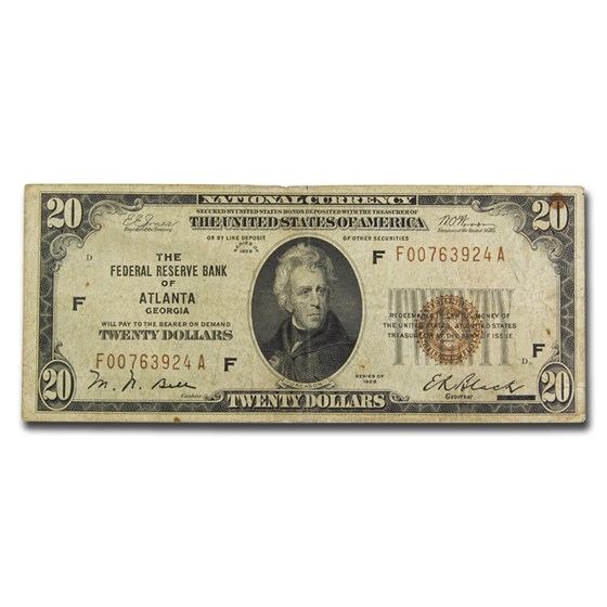 1929 (F-Atlanta) $20 Brown Seal FRBN VF (Fr#1870-F) Details