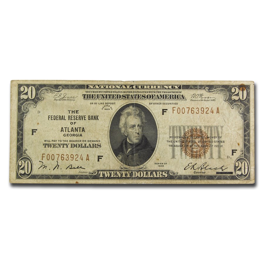 1929 (F-Atlanta) $20 Brown Seal FRBN VF (Fr#1870-F) Details