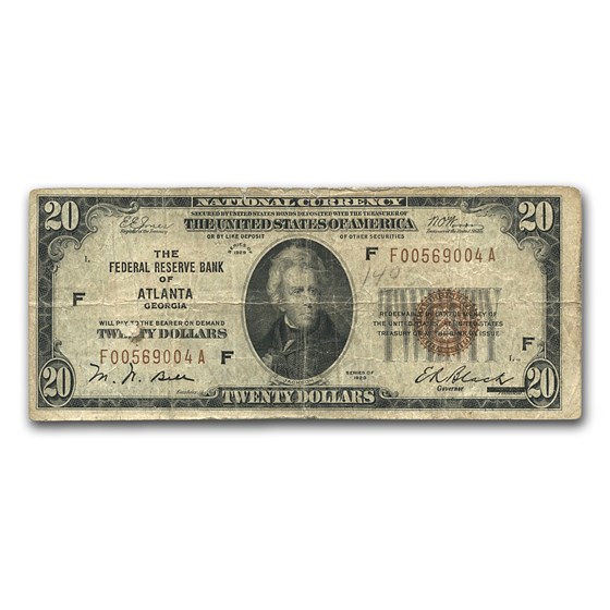 1929 (F-Atlanta) $20 Brown Seal FRBN VG Details 1929 (F-Atlanta) $20 Brown Seal FRBN VG Details