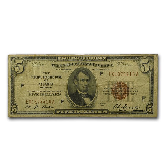 1929 (F-Atlanta) $5.00 Brown Seal FRBN Fine (Fr#1850-F) 1929 (F-Atlanta) $5.00 Brown Seal FRBN Fine (Fr#1850-F)