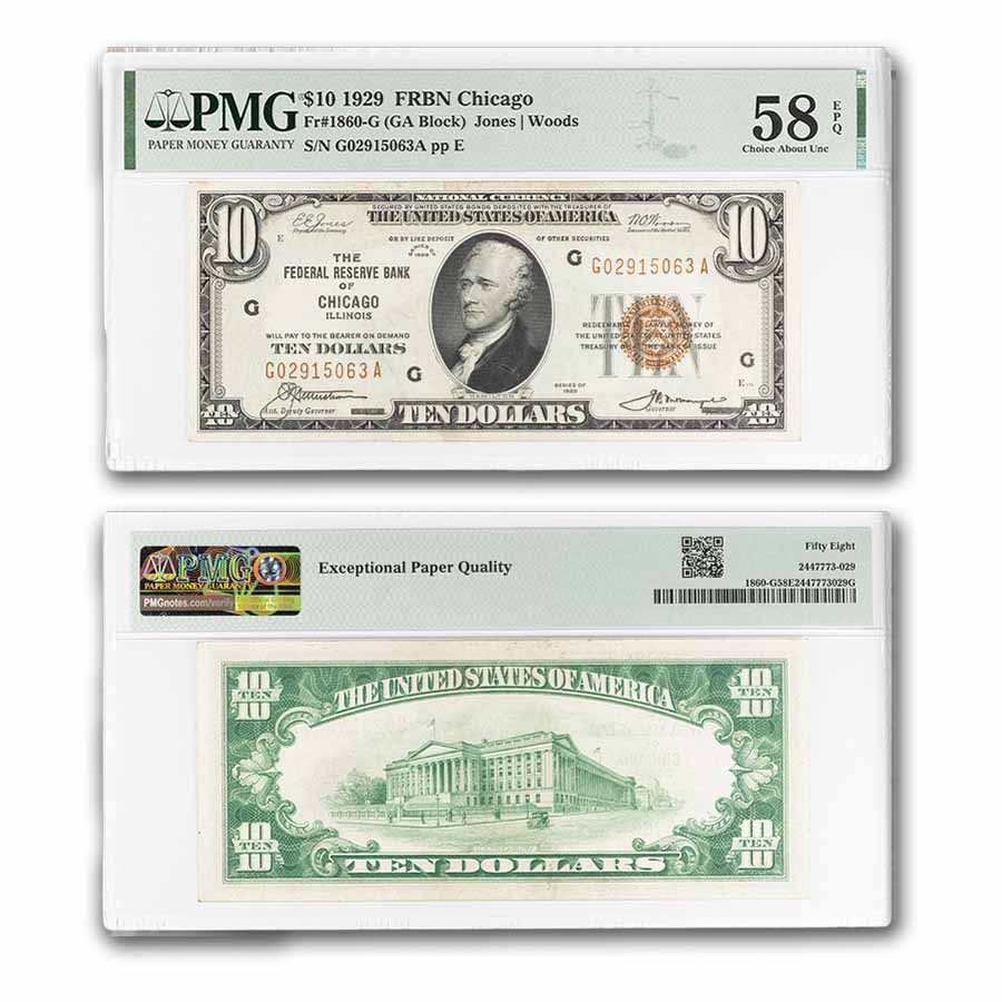 1929 (G-Chicago) $10 Brown Seal FRBN AU-58 EPQ PMG (Fr#1860-G)