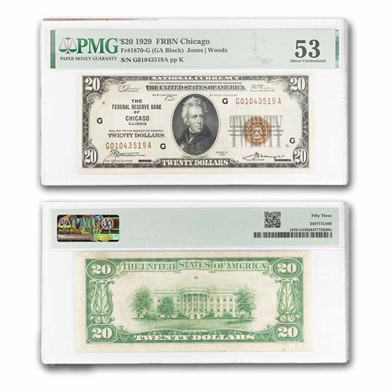 1929 (G-Chicago) $20 Brown Seal FRBN AU-53 PMG (Fr#1870-G)