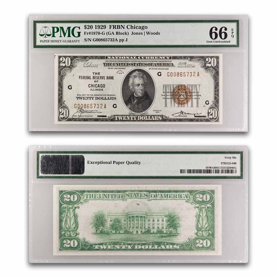 1929 (G-Chicago) $20 Brown Seal FRBN CU-66 EPQ PMG (Fr#1870-G)