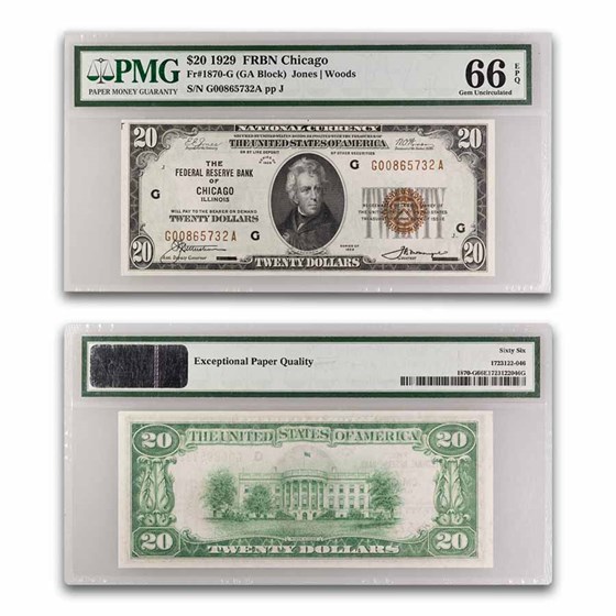 1929 (G-Chicago) $20 Brown Seal FRBN CU-66 EPQ PMG (Fr#1870-G) 1929 (G-Chicago) $20 Brown Seal FRBN CU-66 EPQ PMG (Fr#1870-G)