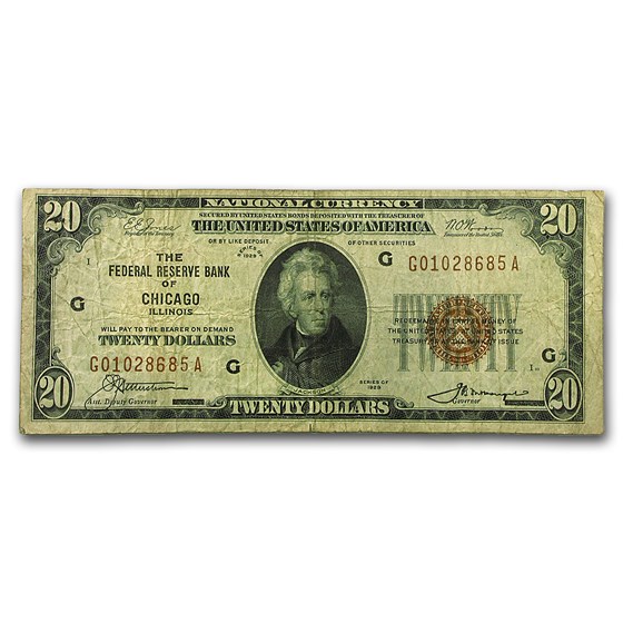 1929 (G-Chicago) $20 Brown Seal FRBN Fine (Fr#1870-G) 1929 (G-Chicago) $20 Brown Seal FRBN Fine (Fr#1870-G)