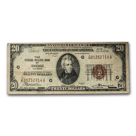 1929 (G-Chicago) $20 Brown Seal FRBN VF (Fr#1870-G) 1929 (G-Chicago) $20 Brown Seal FRBN VF (Fr#1870-G)