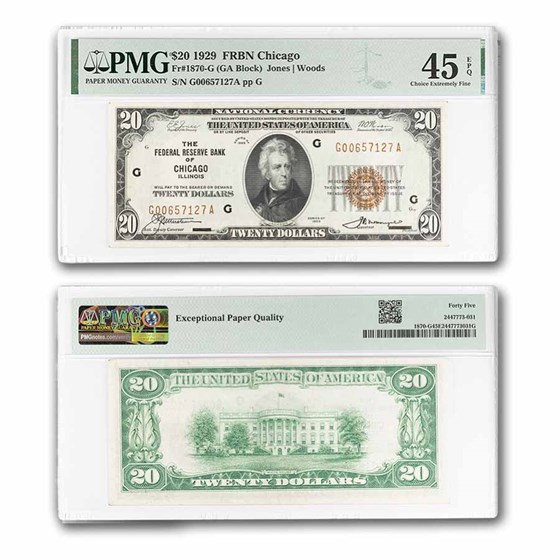 1929 (G-Chicago) $20 Brown Seal FRBN XF-45 EPQ PMG (Fr#1870-G)