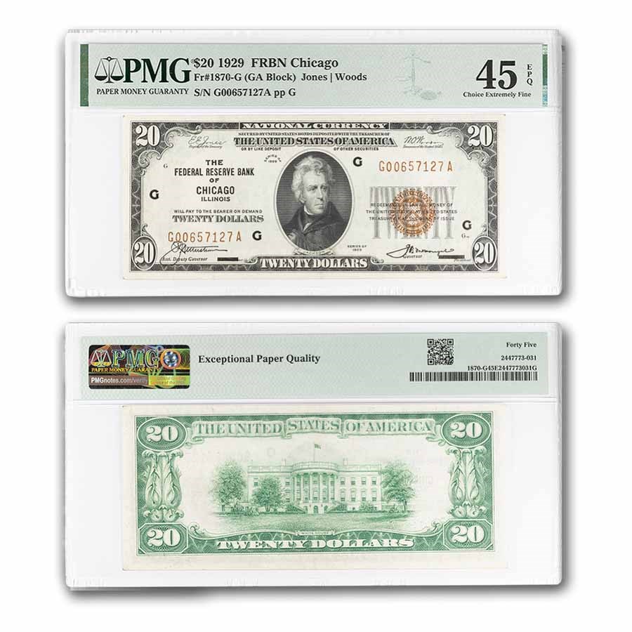 1929 (G-Chicago) $20 Brown Seal FRBN XF-45 EPQ PMG (Fr#1870-G)