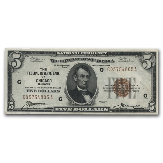 1929 (G-Chicago) $5.00 Brown Seal FRBN CU 1929 (G-Chicago) $5.00 Brown Seal FRBN CU
