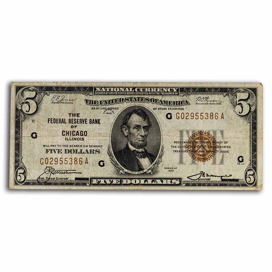 1929 (G-Chicago) $5.00 Brown Seal FRBN Fine (Fr#1850-G) 1929 (G-Chicago) $5.00 Brown Seal FRBN Fine (Fr#1850-G)