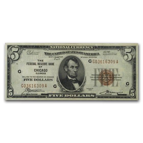 1929 (G-Chicago) $5.00 Brown Seal FRBN VF 1929 (G-Chicago) $5.00 Brown Seal FRBN VF