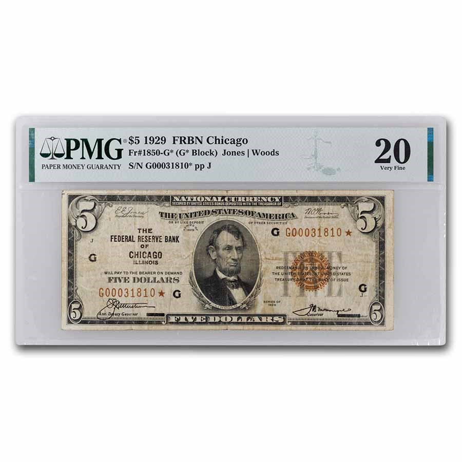 1929* (G-Chicago) $5 Brown Seal FRBN VF-20 PMG (Fr#1850-G*) Star