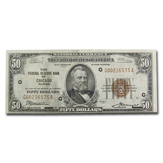 1929 (G-Chicago) $50 Brown Seal FRBN VF (Fr#1880-G) Details