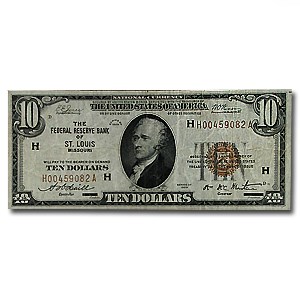 1929 (H-St. Louis) $10 Brown Seal FRBN Fine (Fr#1860-H)