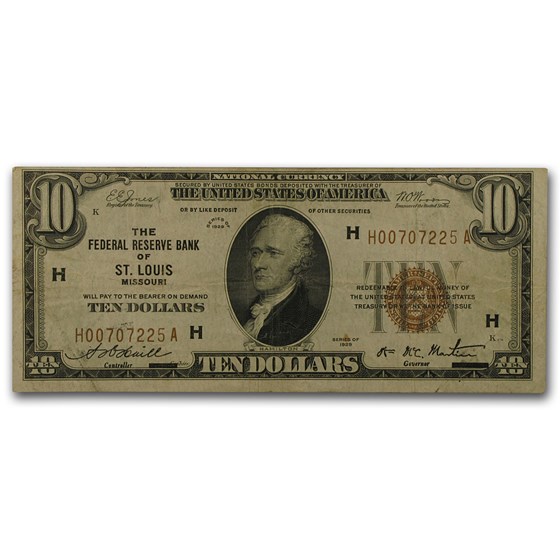 1929 (H-St. Louis) $10 Brown Seal FRBN VF (Fr#1860-H)