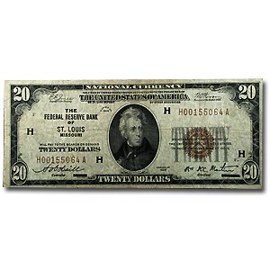 1929 (H-St. Louis) $20 Brown Seal FRBN Fine 1929 (H-St. Louis) $20 Brown Seal FRBN Fine