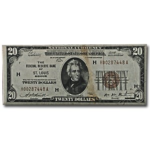 1929 (H-St. Louis) $20 Brown Seal FRBN VF Details 1929 (H-St. Louis) $20 Brown Seal FRBN VF Details