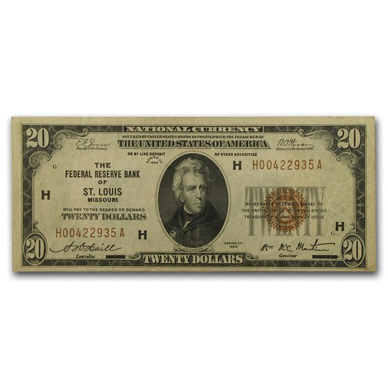1929 (H-St. Louis) $20 Brown Seal FRBN VF (Fr#1870-H) 1929 (H-St. Louis) $20 Brown Seal FRBN VF (Fr#1870-H)