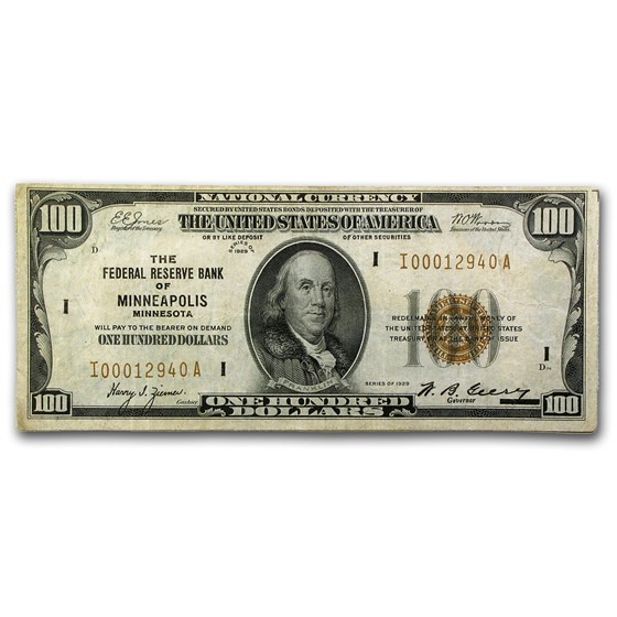 1929 (I-Minneapolis) $100 Brown Seal FRBN VF (Fr#1890-I) 1929 (I-Minneapolis) $100 Brown Seal FRBN VF (Fr#1890-I)