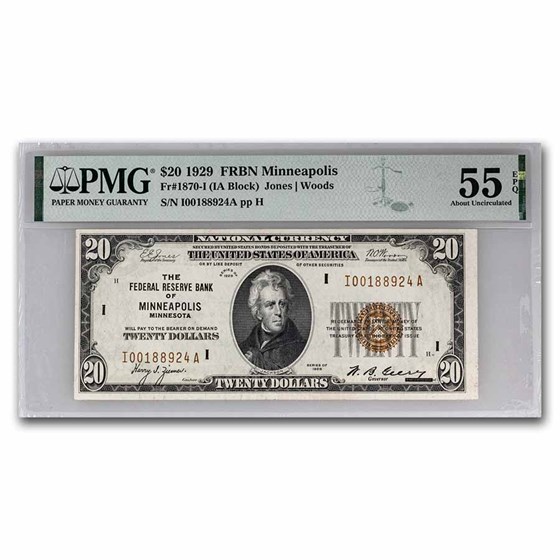 1929 (I-Minneapolis) $20 Brown Seal FRBN AU-55 EPQ PMG(Fr#1870-I) 1929 (I-Minneapolis) $20 Brown Seal FRBN AU-55 EPQ PMG(Fr#1870-I)