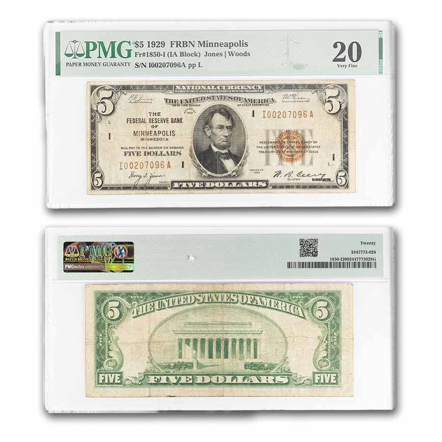 1929 (I-Minneapolis) $5.00 Brown Seal FRBN VF-20 PMG (Fr#1850-I)