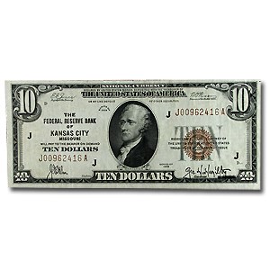 1929 (J-Kansas City) $10 Brown Seal FRBN AU (Fr#1860-J) 1929 (J-Kansas City) $10 Brown Seal FRBN AU (Fr#1860-J)