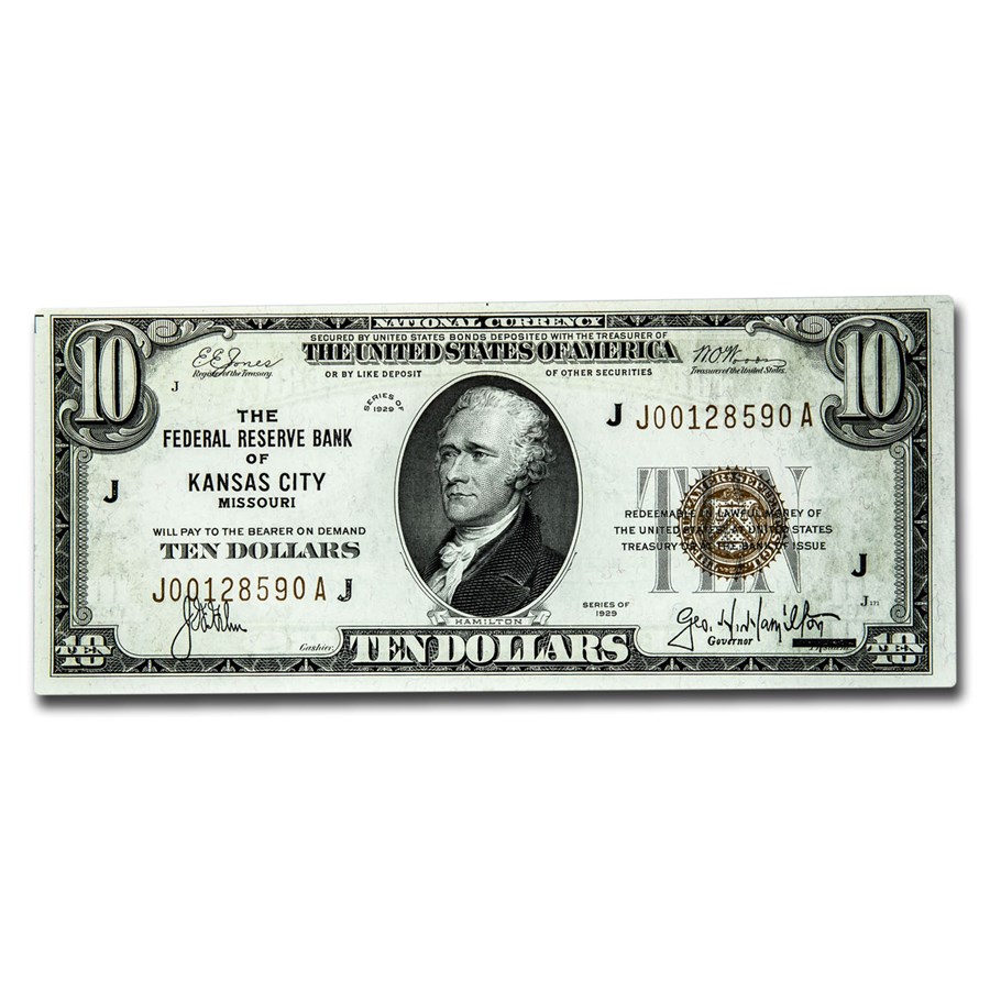 1929 (J-Kansas City) $10 Brown Seal FRBN CU (Fr#1860-J)