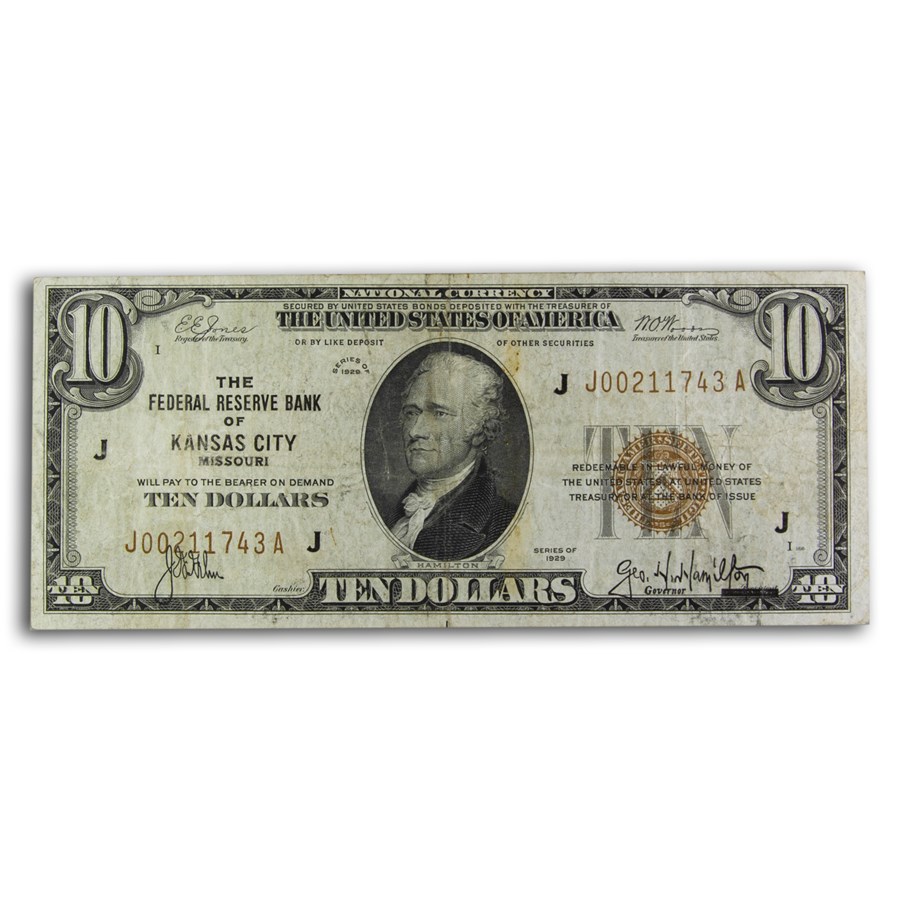1929 (J-Kansas City) $10 Brown Seal FRBN VF (Fr#1860-J)