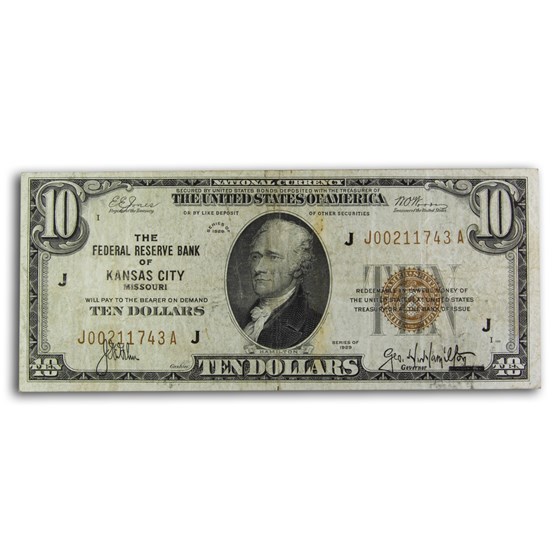 1929 (J-Kansas City) $10 Brown Seal FRBN VF (Fr#1860-J) 1929 (J-Kansas City) $10 Brown Seal FRBN VF (Fr#1860-J)