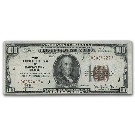 1929 (J-Kansas City) $100 Brown Seal FRBN VF (Fr#1890-J)