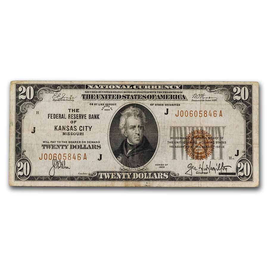 1929 (J-Kansas City) $20 Brown Seal FRBN Fine (Fr#1870-J)