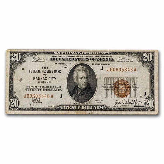 1929 (J-Kansas City) $20 Brown Seal FRBN Fine (Fr#1870-J) 1929 (J-Kansas City) $20 Brown Seal FRBN Fine (Fr#1870-J)