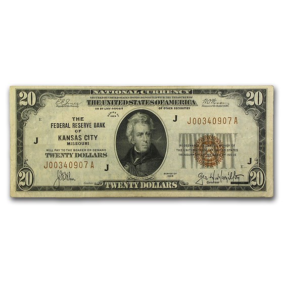 1929 (J-Kansas City) $20 Brown Seal FRBN VF (Fr#1870-J) 1929 (J-Kansas City) $20 Brown Seal FRBN VF (Fr#1870-J)