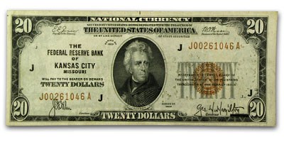 1929 (J-Kansas City) $20 Brown Seal FRBN XF Details 1929 (J-Kansas City) $20 Brown Seal FRBN XF Details