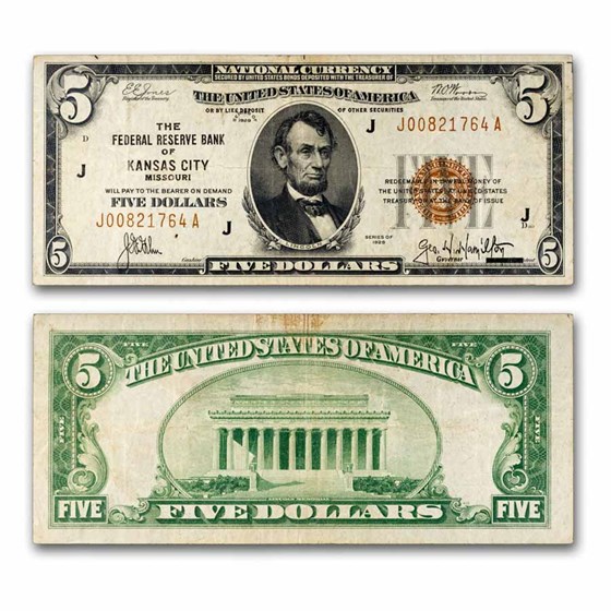 1929 (J-Kansas City) $5.00 Brown Seal FRBN Fine+ (Fr#1850-J)