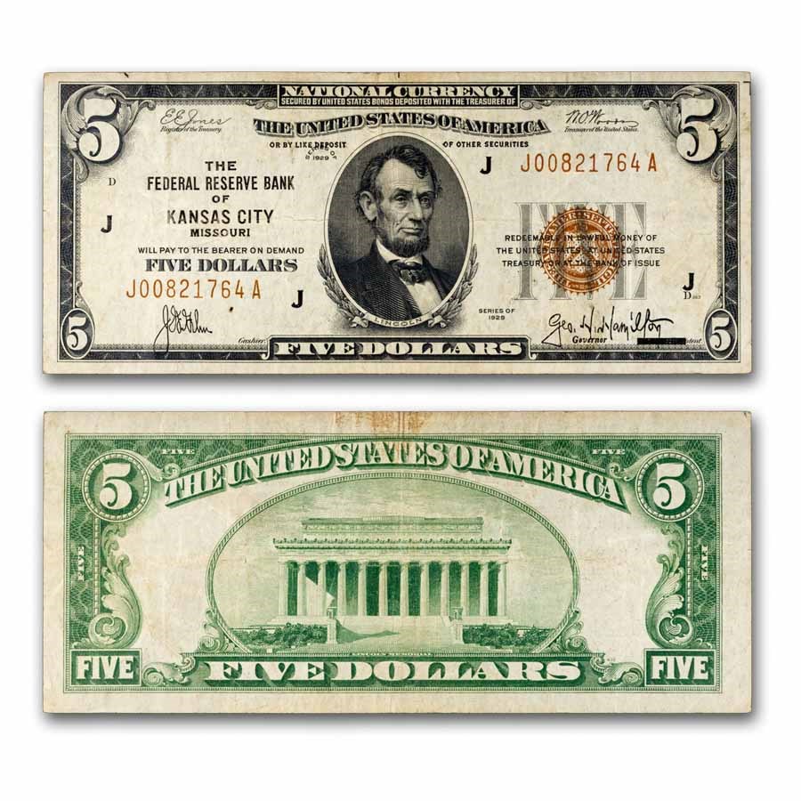 1929 (J-Kansas City) $5.00 Brown Seal FRBN Fine+ (Fr#1850-J)