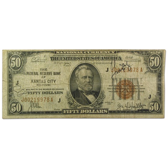 1929 (J-Kansas City) $50 Brown Seal FRBN Fine Details (FR#1880-J) 1929 (J-Kansas City) $50 Brown Seal FRBN Fine Details (FR#1880-J)