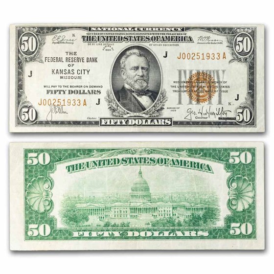 1929 (J-Kansas City) $50 Brown Seal FRBN Fine (Fr#1880-J)