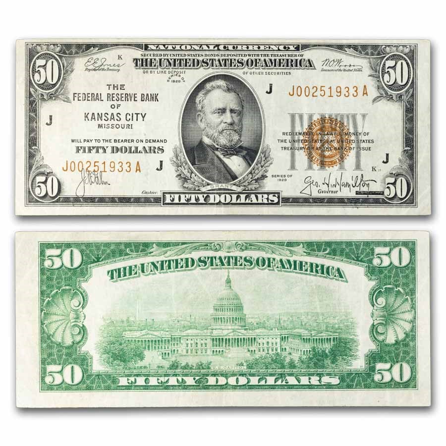 1929 (J-Kansas City) $50 Brown Seal FRBN Fine (Fr#1880-J)