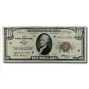 1929 (K-Dallas) $10 Brown Seal FRBN VF Details 1929 (K-Dallas) $10 Brown Seal FRBN VF Details