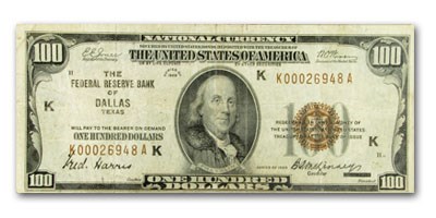 1929 (K-Dallas) $100 FRBN Brown Seal Fine 1929 (K-Dallas) $100 FRBN Brown Seal Fine