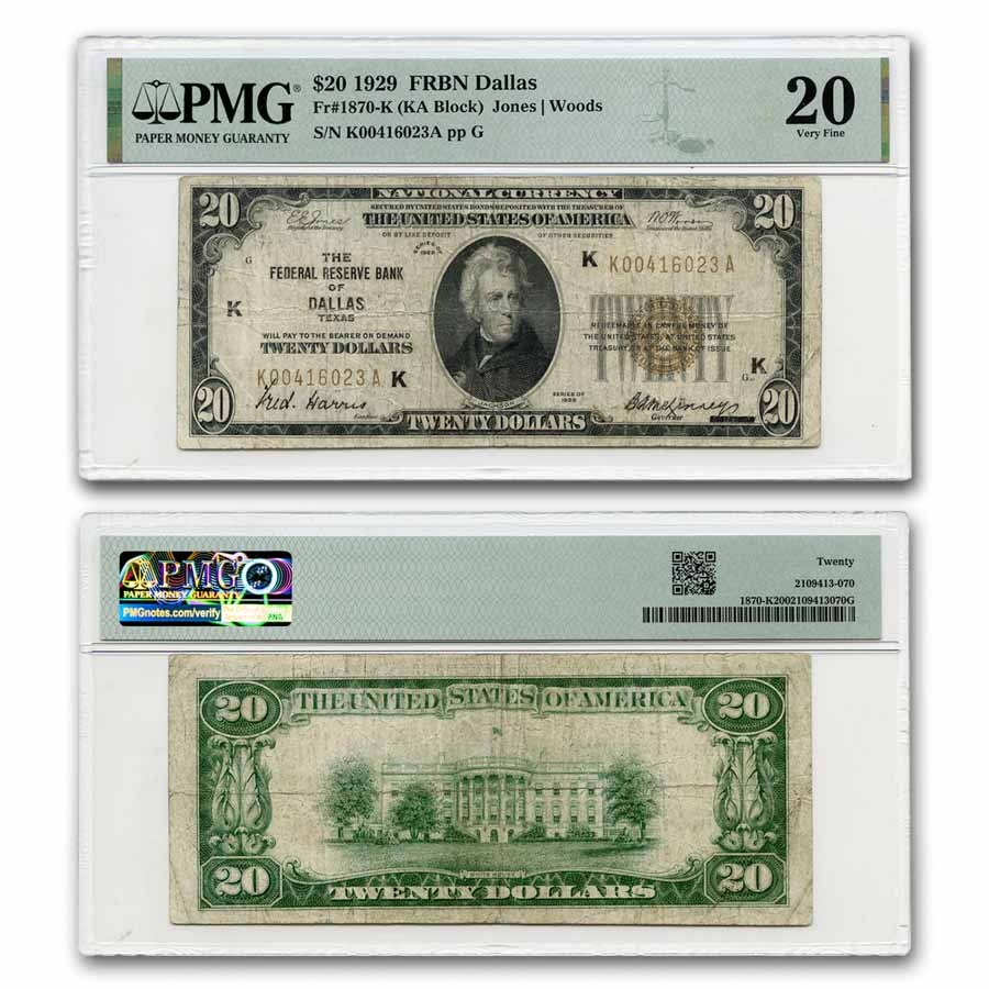 1929 (K-Dallas) $20 Brown Seal FRBN VF-20 PMG (Fr#1870-K)