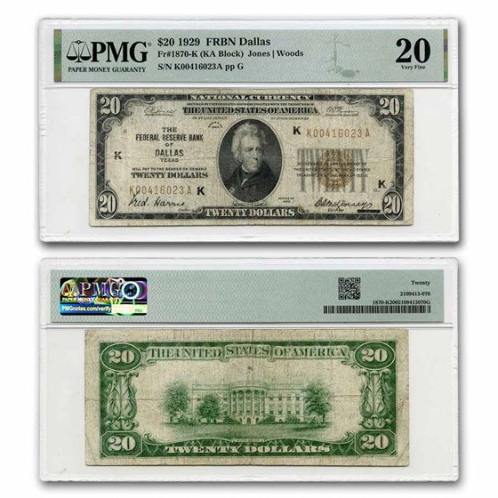 1929 (K-Dallas) $20 Brown Seal FRBN VF-20 PMG (Fr#1870-K) 1929 (K-Dallas) $20 Brown Seal FRBN VF-20 PMG (Fr#1870-K)