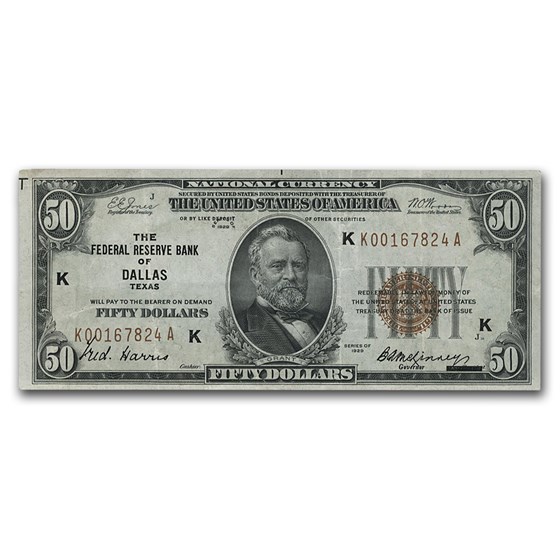 1929 (K-Dallas) $50 Brown Seal FRBN Fine 1929 (K-Dallas) $50 Brown Seal FRBN Fine