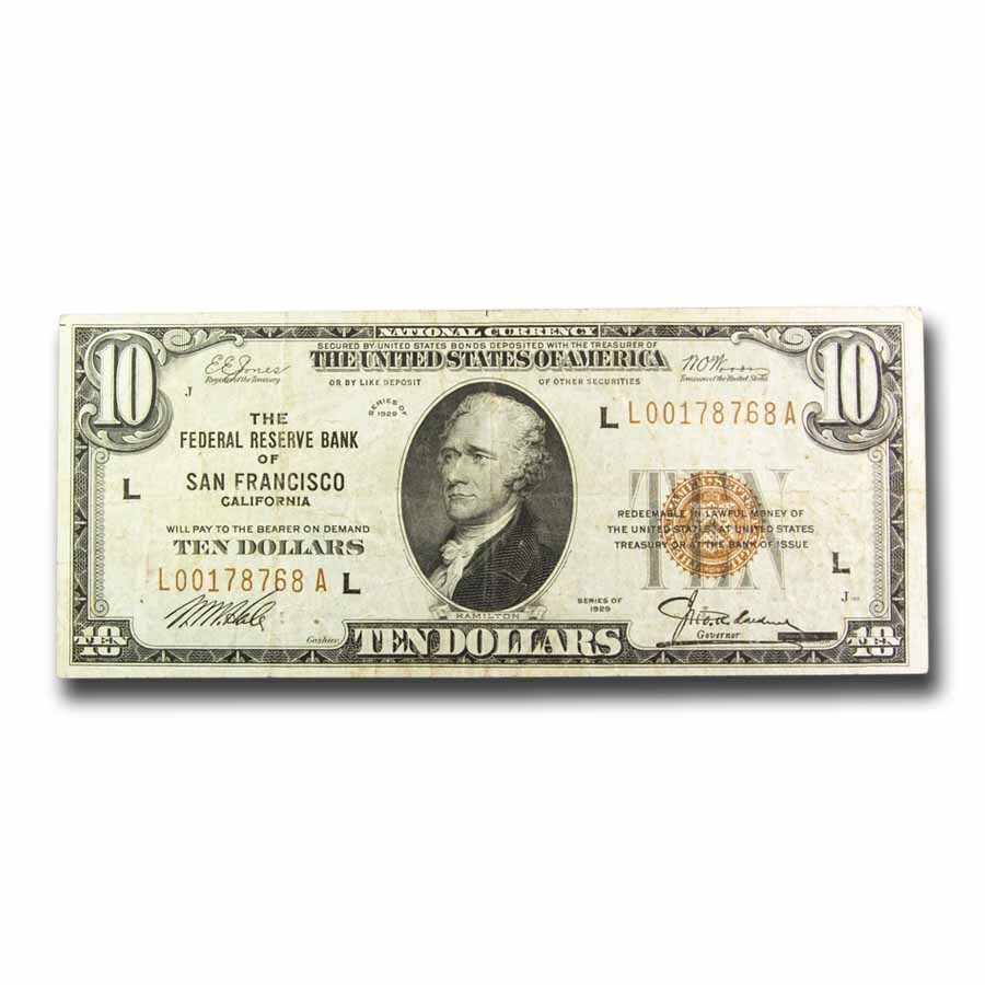 1929 (L-San Francisco) $10 Brown Seal FRBN Fine (Fr#1860-L)